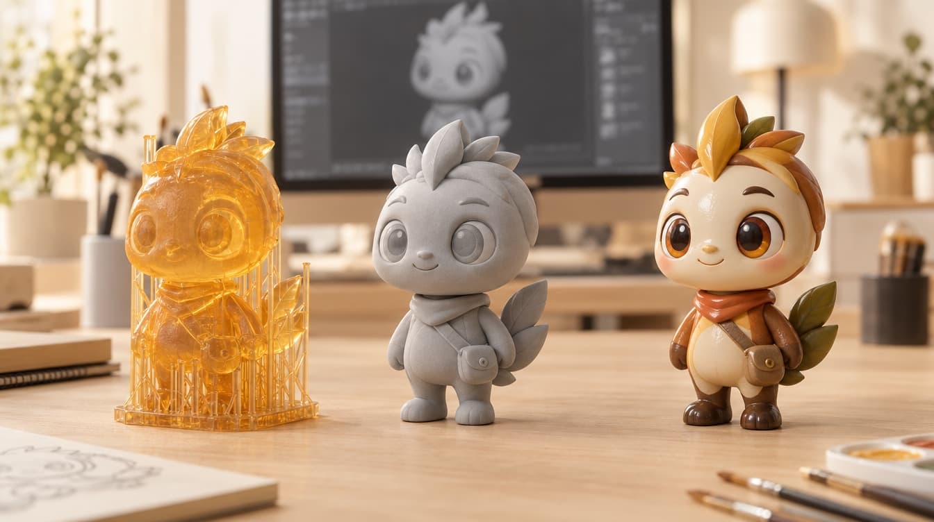 The same figure in three stages: resin print, primed and painted