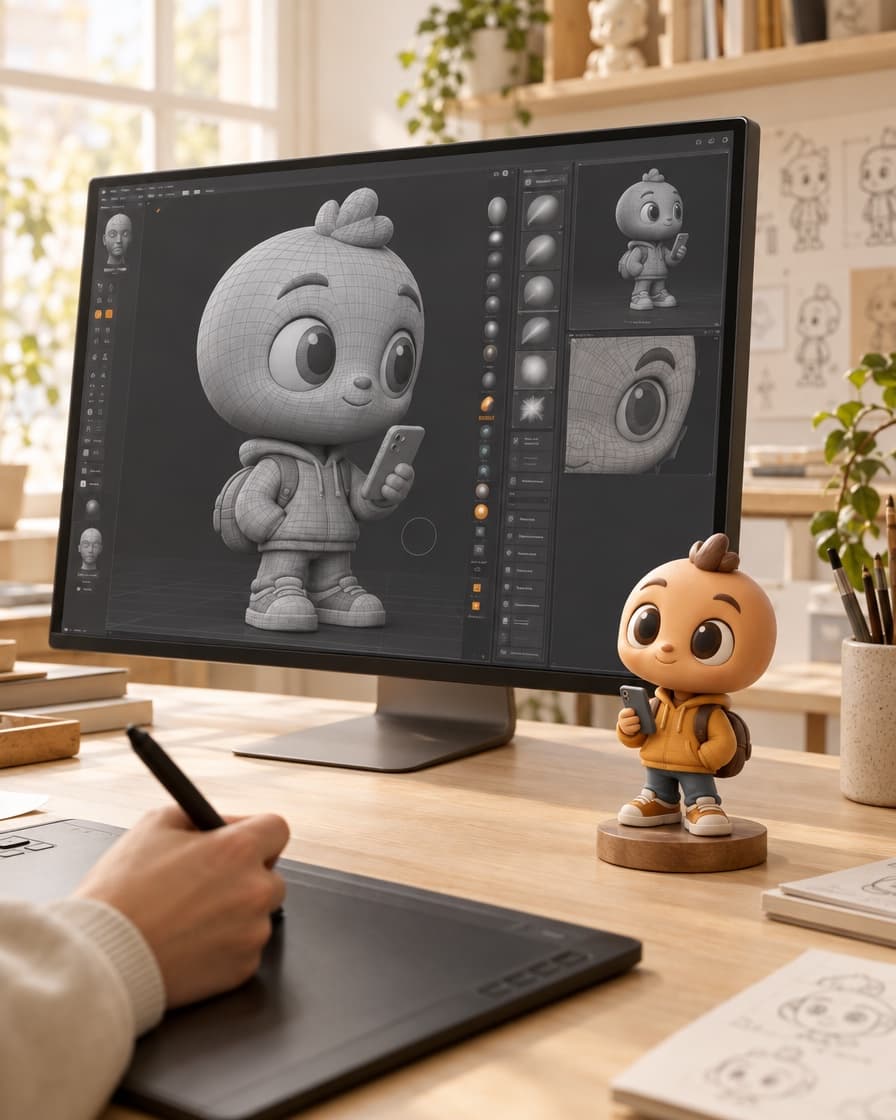 Digital sculptor modelling a mascot in 3D next to the printed and painted figure